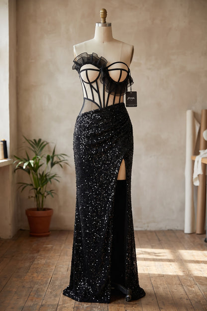 Black Sequined Knit Column Gown black sequined knit gown - product view 2