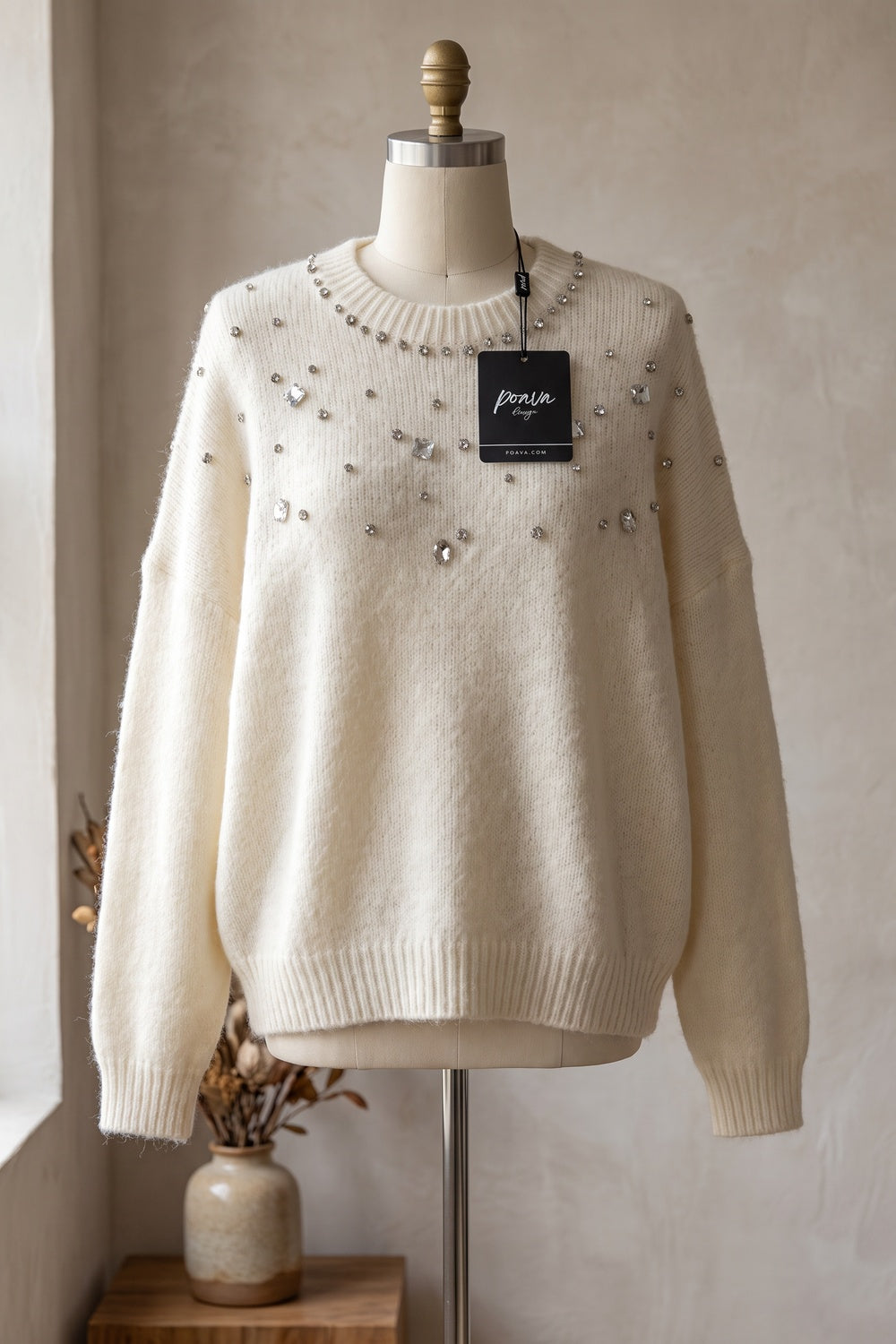 Off-White Fuzzy Knit Relaxed Drop-Shoulder Sweater off-white fuzzy knit sweater - product view 2
