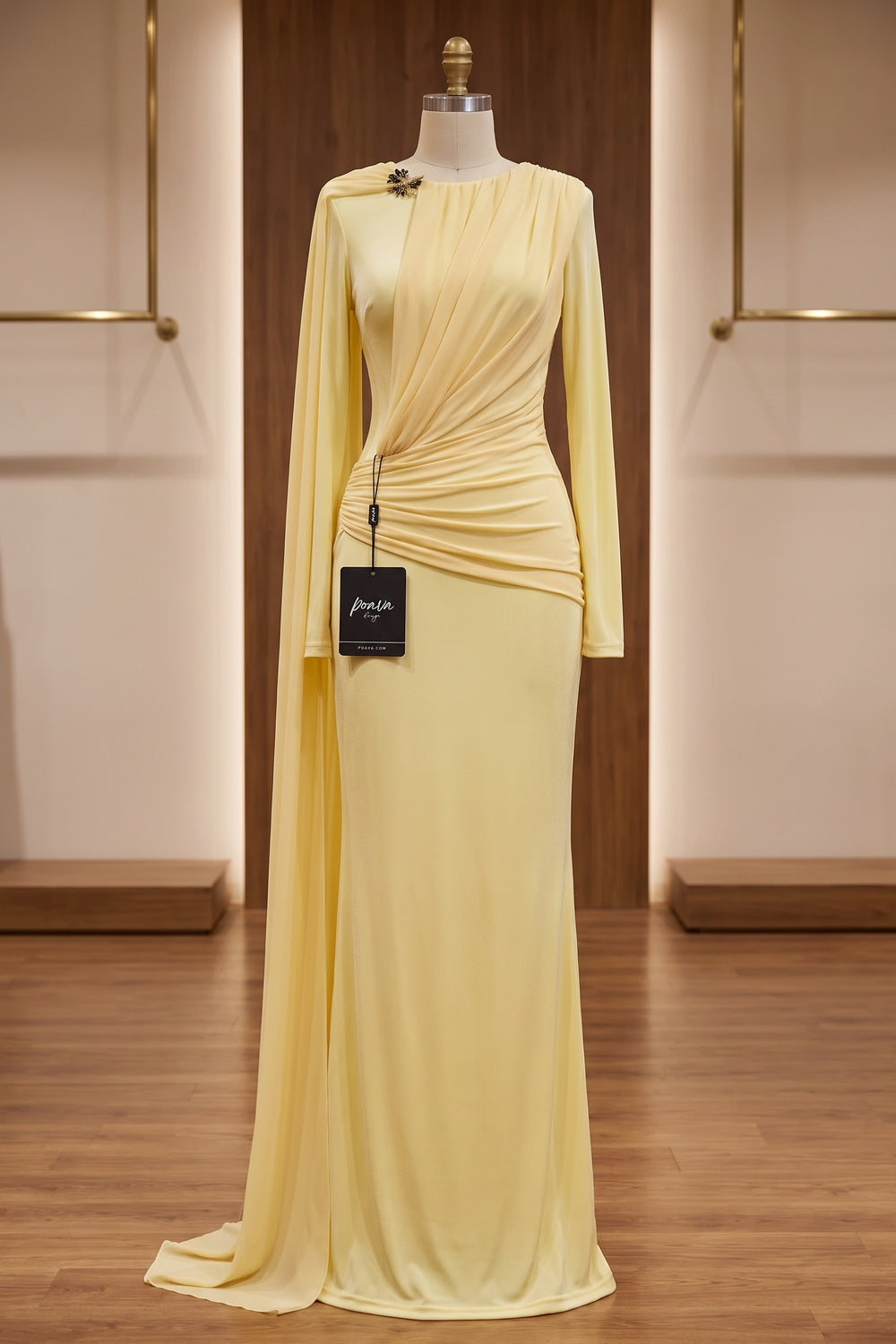 Pale Yellow Fine Stretch Knit Column Evening Gown with Asymmetric Draped Cape pale yellow fine stretch knit evening gown - product view 2