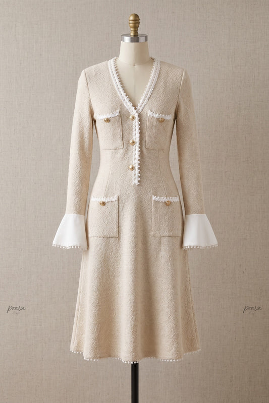 Beige Textured Bouclé Knit A-Line Midi Dress beige textured boucle knit dress - product view 2