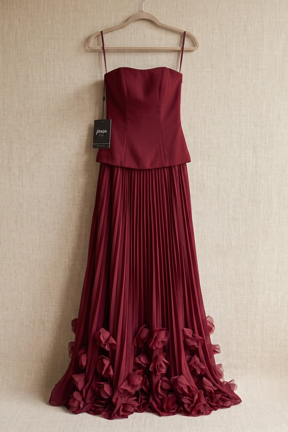Burgundy Matte Crepe Bodice Drop-Waist Column Gown burgundy matte crepe bodice, chiffon skirt gown - product view 2