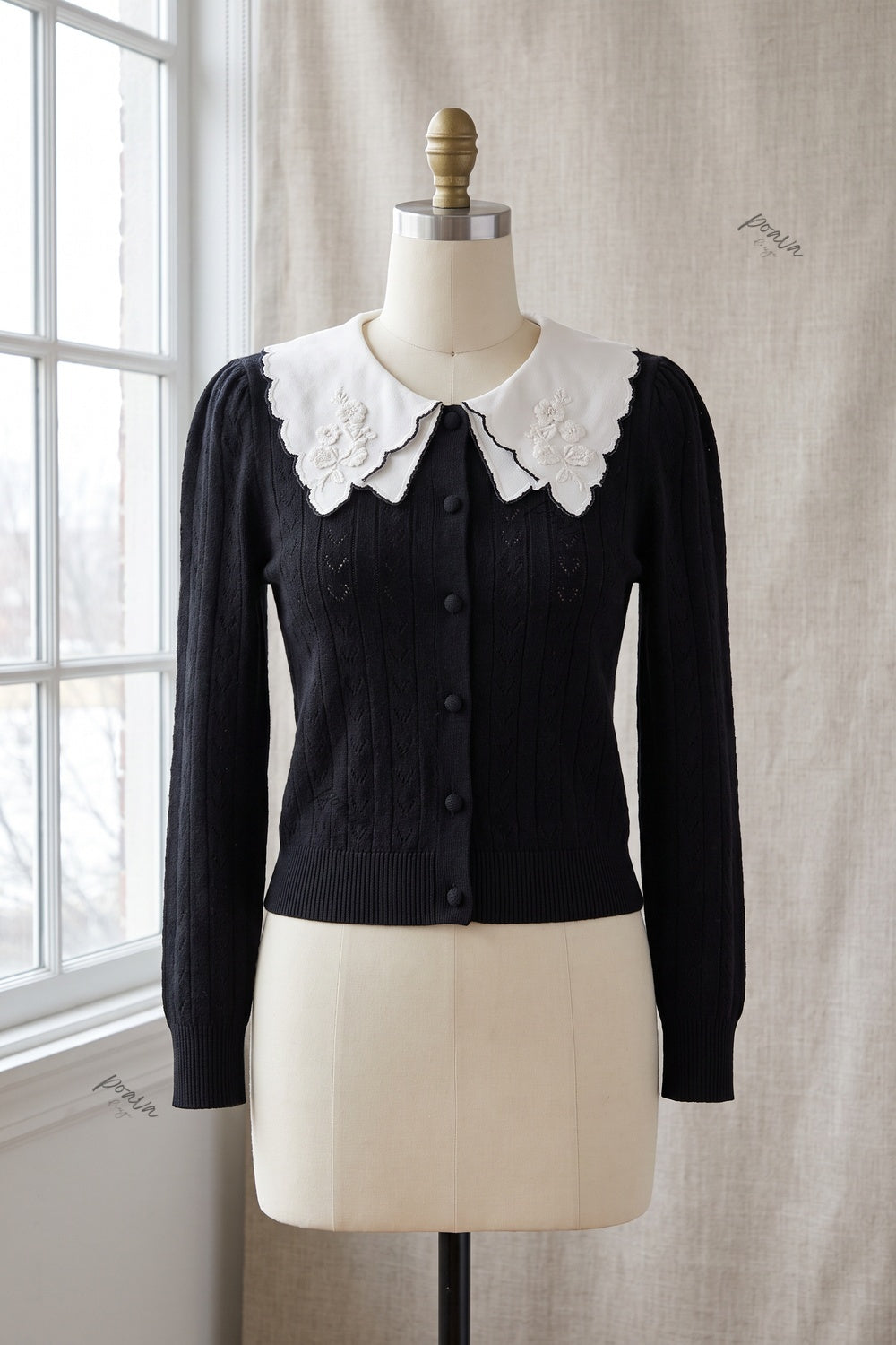 Black Pointelle Knit Cardigan with White Embroidered Collar black fine pointelle knit cardigan - product view 2