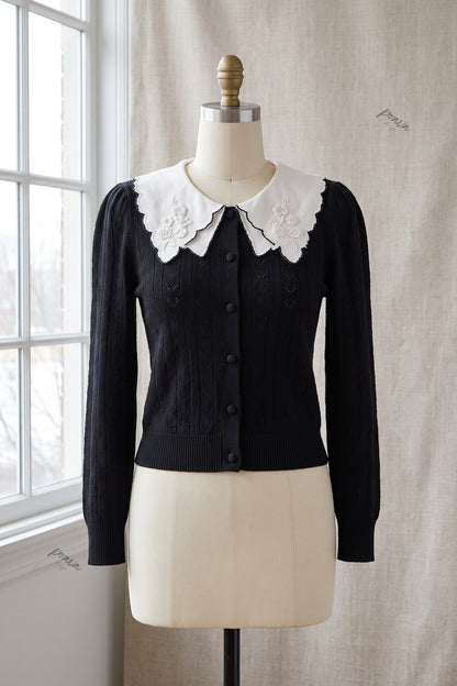 Black Pointelle Knit Cardigan with White Embroidered Collar black fine pointelle knit cardigan - product view 2