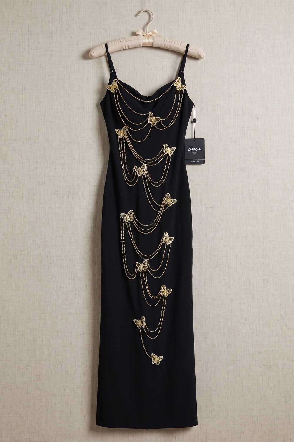 Black Heavy Knit Crepe Column Maxi Dress with Gold Butterfly Embellishment black heavy knit crepe maxi dress - product view 2