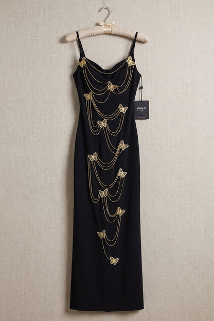 Black Heavy Knit Crepe Column Maxi Dress with Gold Butterfly Embellishment black heavy knit crepe maxi dress - product view 2