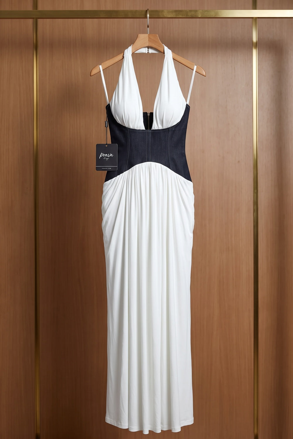 White Fluid Jersey Column Evening Gown with Structured Black Waist white fluid white jersey or crepe evening gown - product view 2