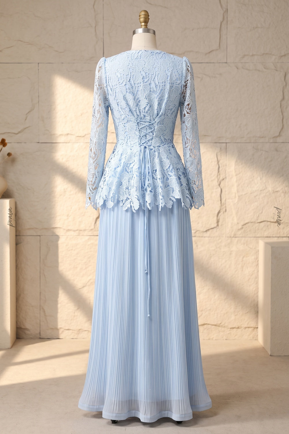 Light Blue Floral Lace Peplum Top & Pleated Maxi Skirt Two-Piece Dress Set light blue floral lace and pleated chiffon two-piece dress set - product view 2