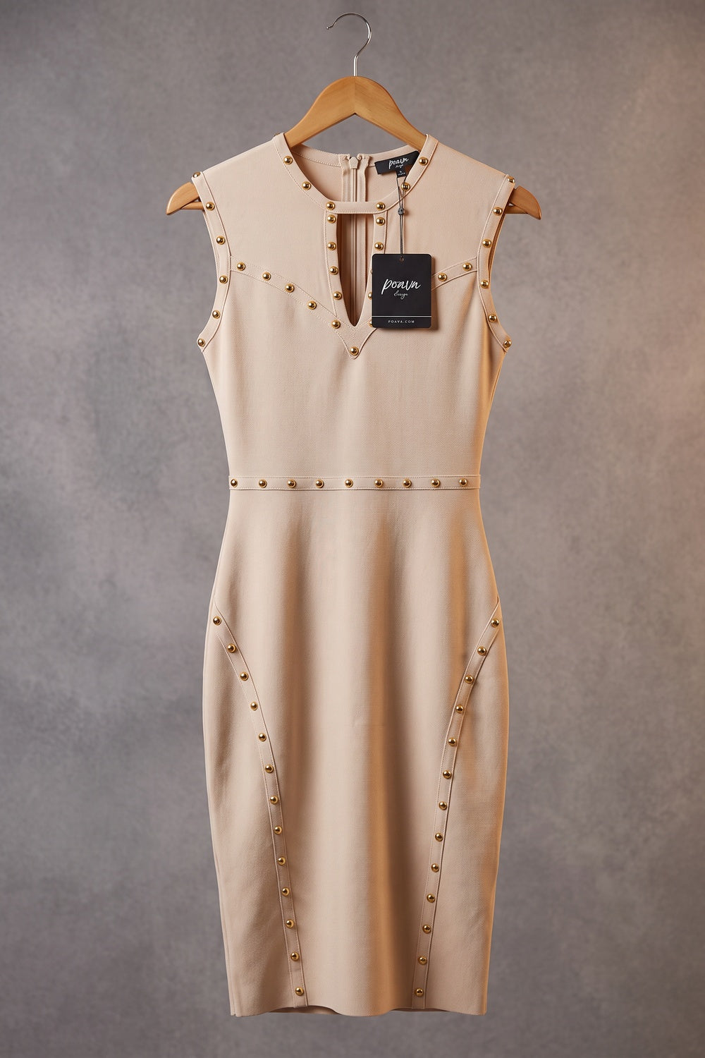 Beige Dome Stud Sheath Bodycon Dress beige dense stretch knit dress - product view 2