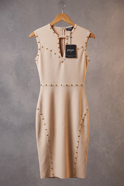 Beige Dome Stud Sheath Bodycon Dress beige dense stretch knit dress - product view 2