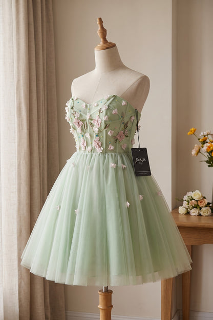 Light Sage Green Tulle A-Line Fit-and-Flare Dress with 3D Floral Appliques light sage green tulle dress - product view 2