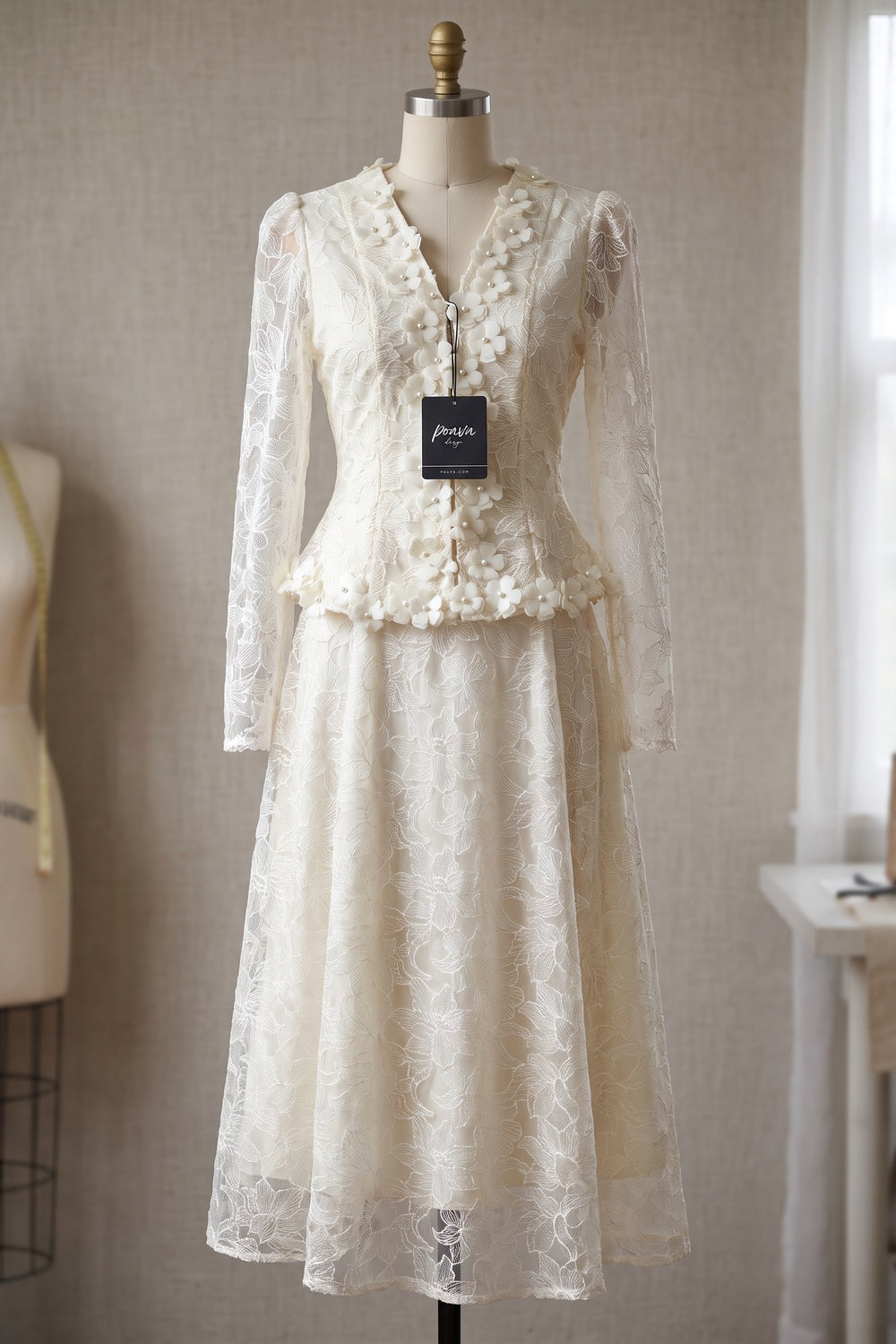 Cream Floral Lace Peplum Top & A-Line Midi Skirt Two-Piece Set cream, ivory floral lace overlay two-piece skirt set - product view 2