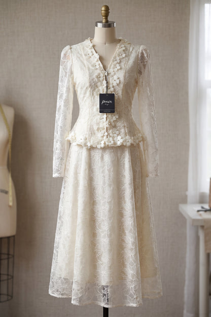 Cream Floral Lace Peplum Top & A-Line Midi Skirt Two-Piece Set cream, ivory floral lace overlay two-piece skirt set - product view 2