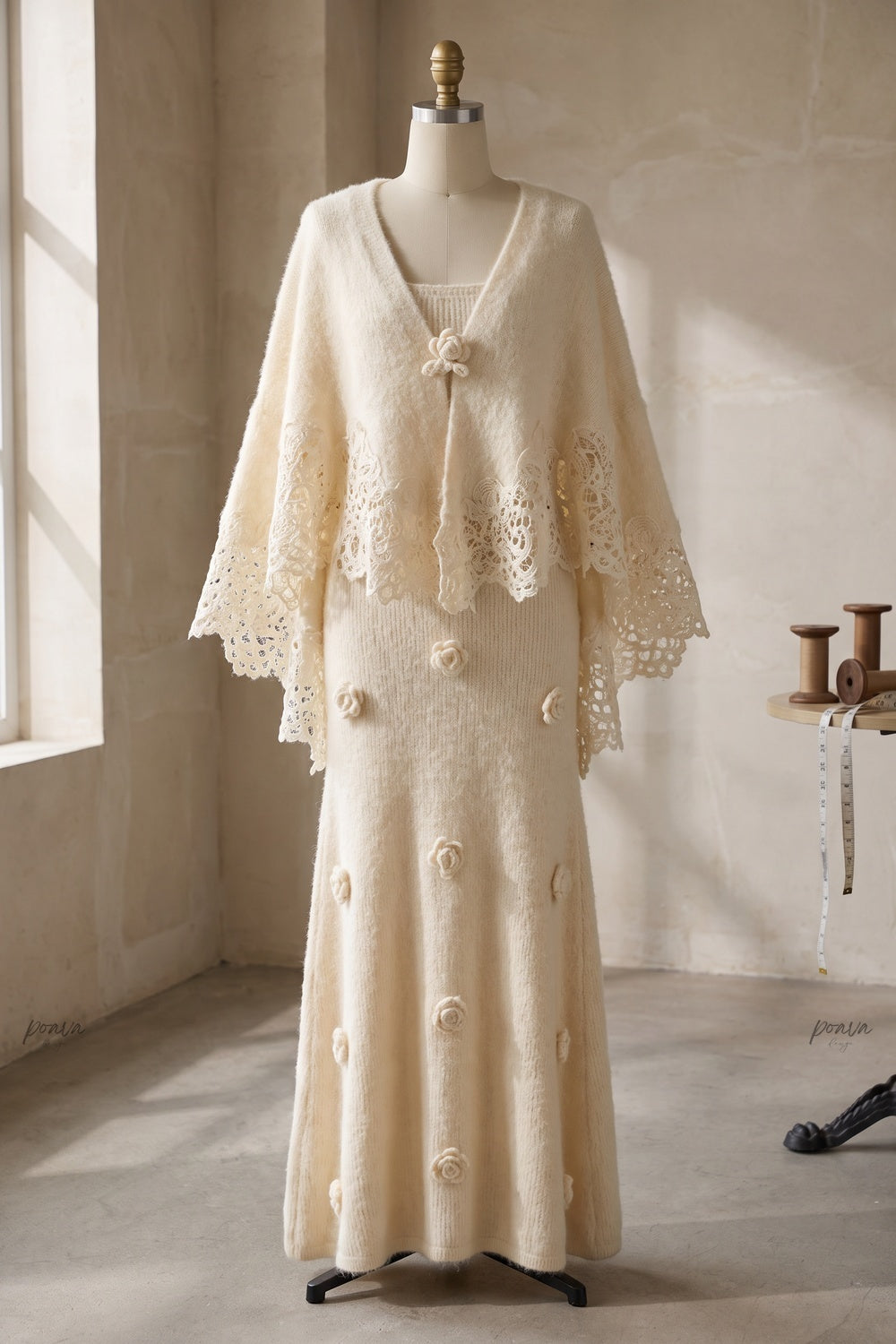 Cream Fuzzy Mohair-Blend Two-Piece Knit Set with Capelet and Rose Appliqué Maxi Dress cream, off-white fuzzy mohair-blend knit two-piece knit set (capelet and maxi dress) - product view 2