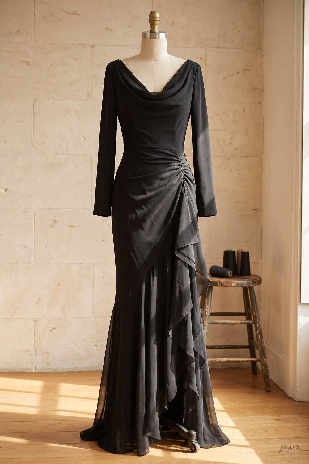 Black Mermaid Evening Gown with Sheer Ruffle Detail black opaque matte crepe evening gown - product view 2