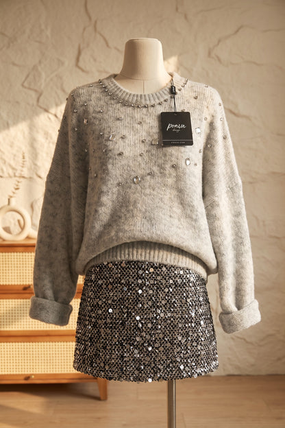Heather Grey Fuzzy Knit Sweater with Sequin Mini Skirt Two-Piece Set Heather grey, Silver, Black Fuzzy, heathered knit (sweater); sequined woven fabric (skirt) Two-piece outfit (sweater and skirt) - product view 2
