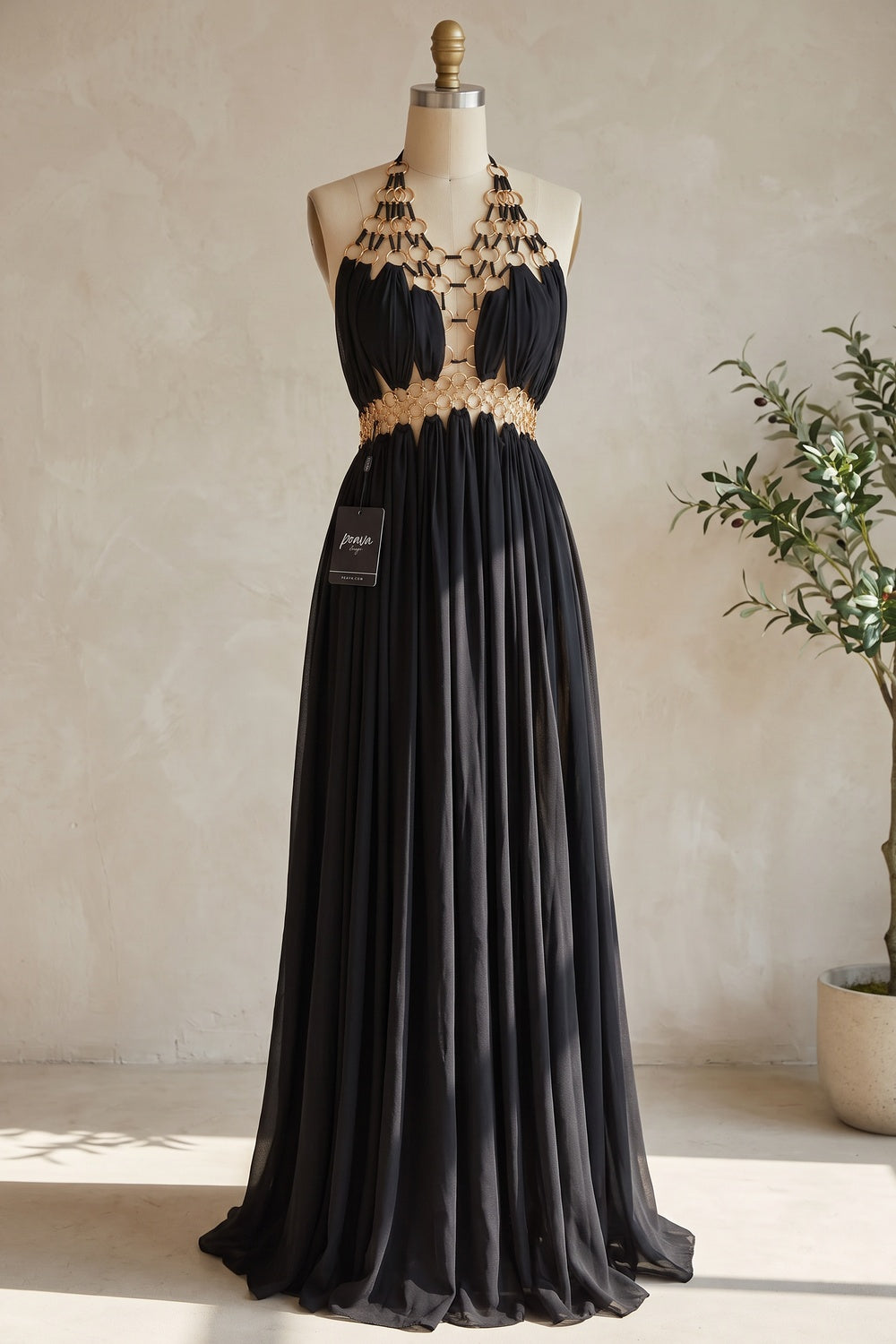 Black Chiffon A-Line Halter Evening Gown black chiffon evening gown - product view 2