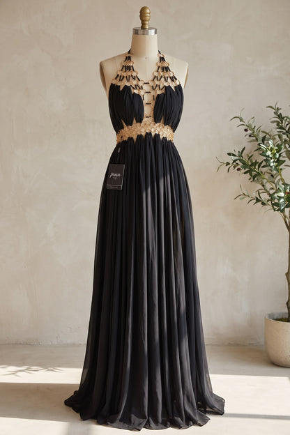 Black Chiffon A-Line Halter Evening Gown black chiffon evening gown - product view 2