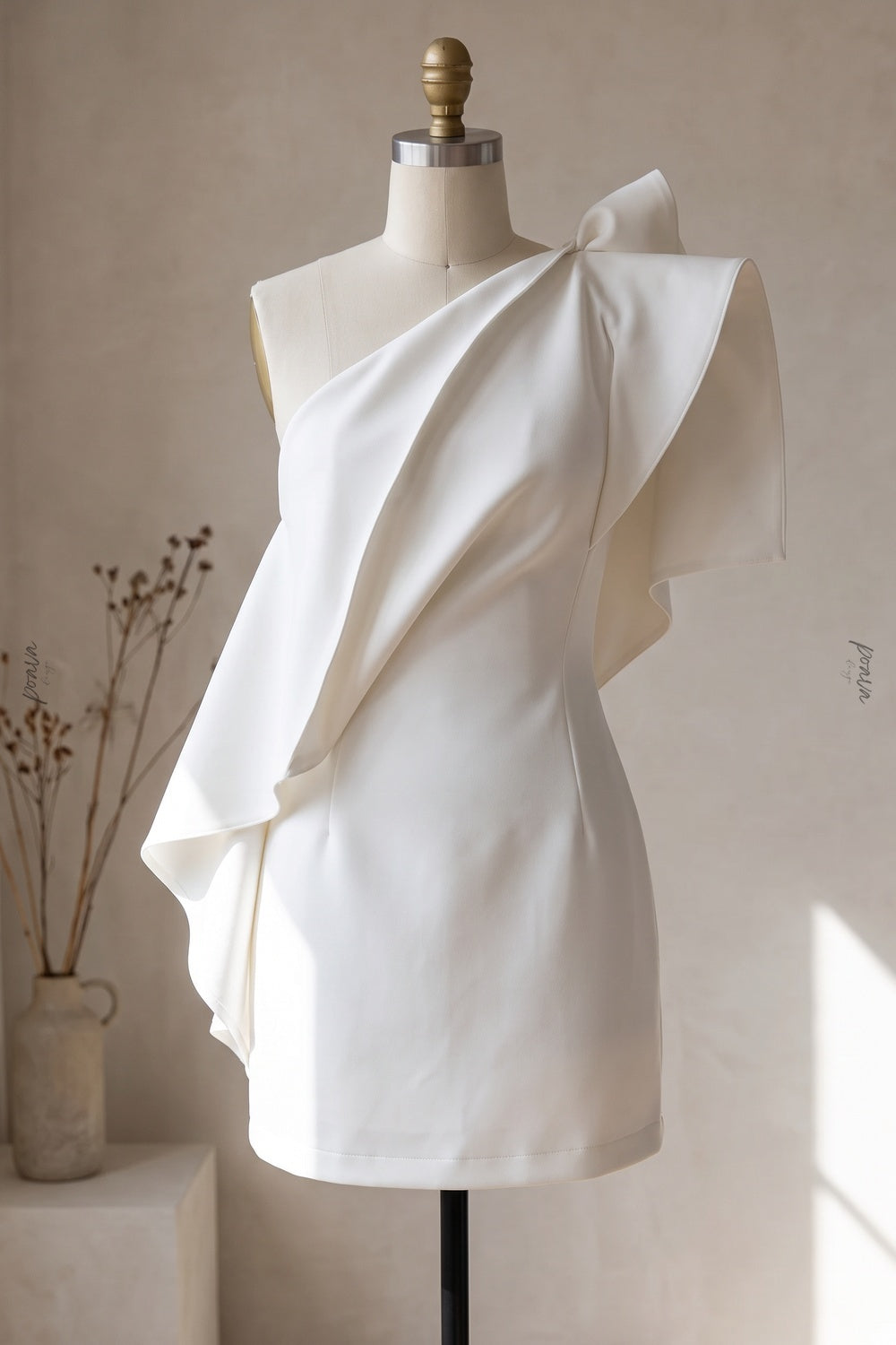 White Structured One-Shoulder Mini Dress with Asymmetrical Draping white structured heavy satin or gazar dress - product view 2