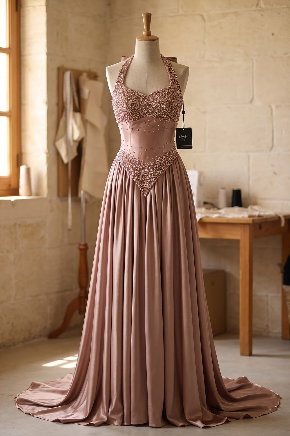 Rose Gold Satin A-Line Evening Gown rose gold, dusty rose satin evening gown - product view 2