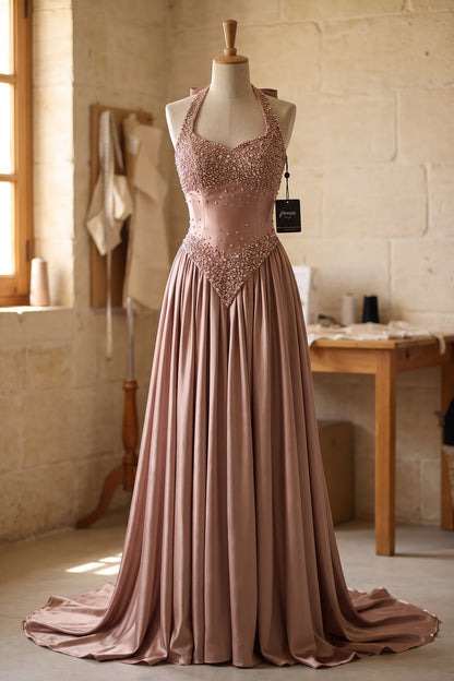 Rose Gold Satin A-Line Evening Gown rose gold, dusty rose satin evening gown - product view 2
