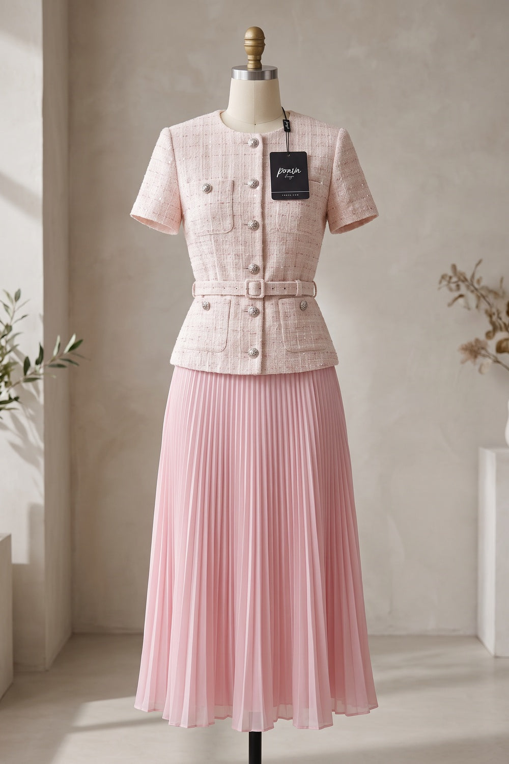 Pale Pink Tweed Fitted Bodice with Peplum and A-Line Skirt Two-Piece Set pale pink, cream tweed two-piece set - product view 2
