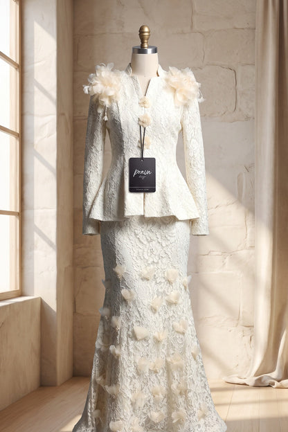 Ivory Corded Floral Lace Two-Piece Skirt Suit Ivory, Cream Corded floral lace Two-piece skirt suit - product view 2