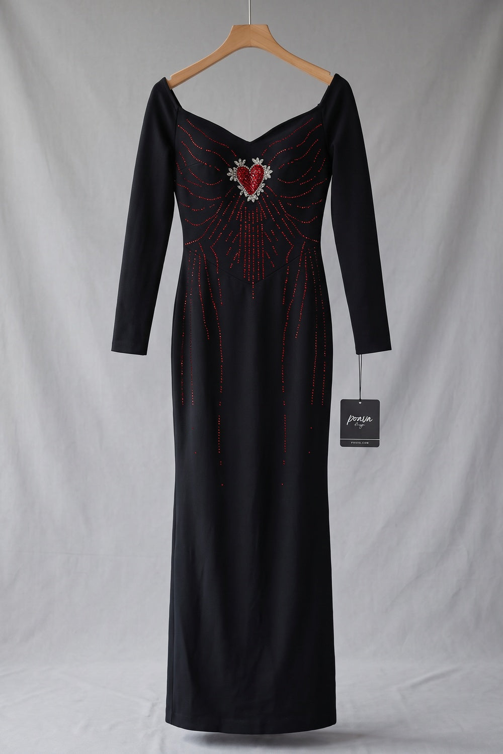 Black Heavy Stretch Crepe Column Gown with Rhinestone Heart Embellishment black heavy stretch crepe gown - product view 2