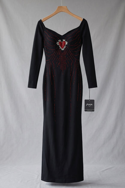 Black Heavy Stretch Crepe Column Gown with Rhinestone Heart Embellishment black heavy stretch crepe gown - product view 2
