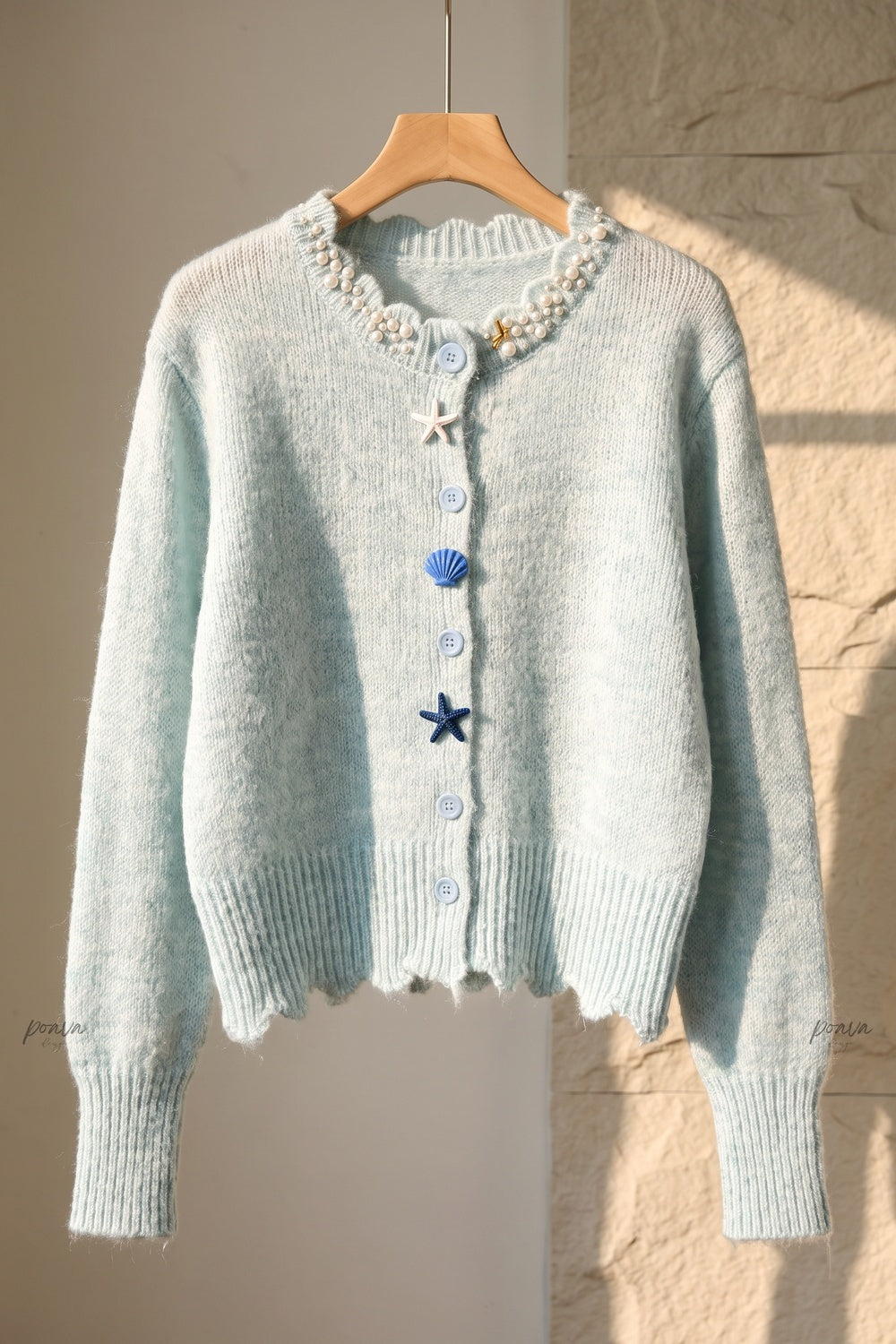 Light Blue Fuzzy Mohair-Blend Cropped Cardigan light blue fuzzy mohair-blend knit cardigan - product view 2