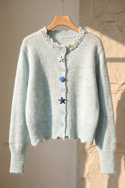 Light Blue Fuzzy Mohair-Blend Cropped Cardigan light blue fuzzy mohair-blend knit cardigan - product view 2