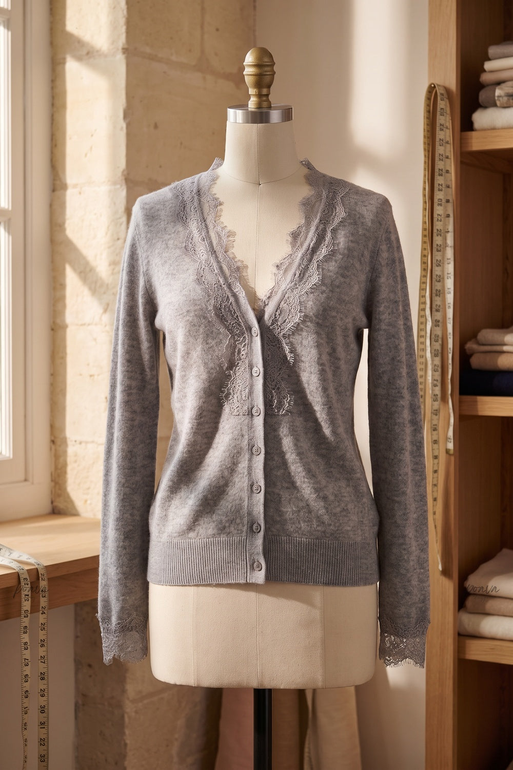 Heather Grey Fine-Knit Cardigan with Delicate Lace Trim heather grey fine knit, likely cashmere or wool blend cardigan - product view 2