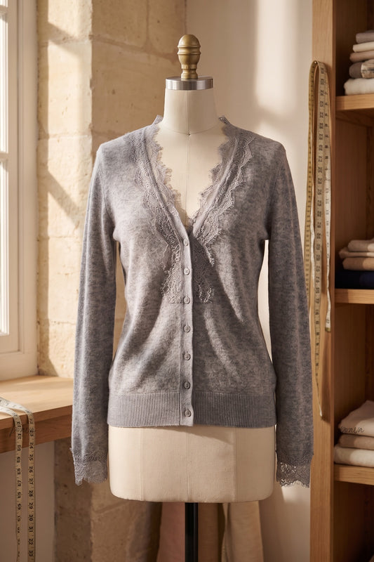 Heather Grey Fine-Knit Cardigan with Delicate Lace Trim heather grey fine knit, likely cashmere or wool blend cardigan - product view 2