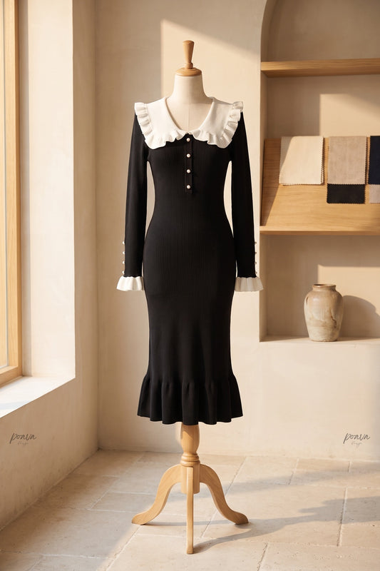 Black Ribbed Knit Mermaid Dress with White Ruffled Collar black ribbed knit dress - product view 2