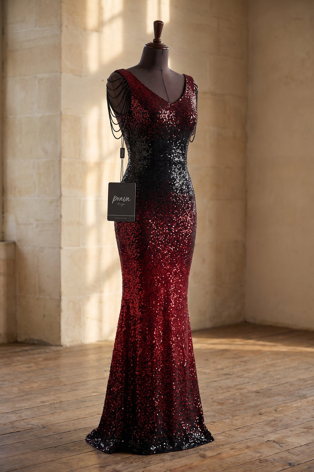 Red and Black Gradient Sequined Mermaid Evening Gown red, black sequined mesh evening gown - product view 2