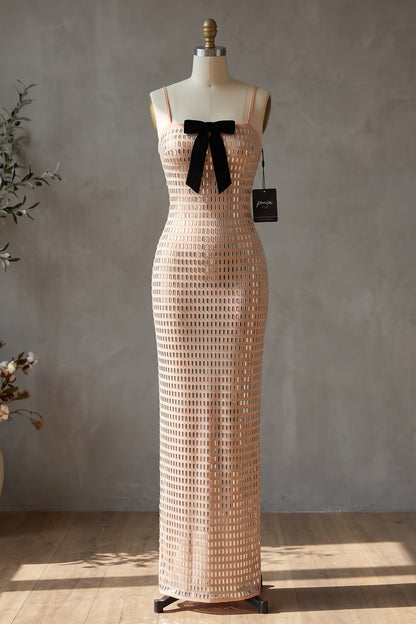 Nude Mesh Column Dress with Silver Grid & Black Bow nude mesh dress - product view 2