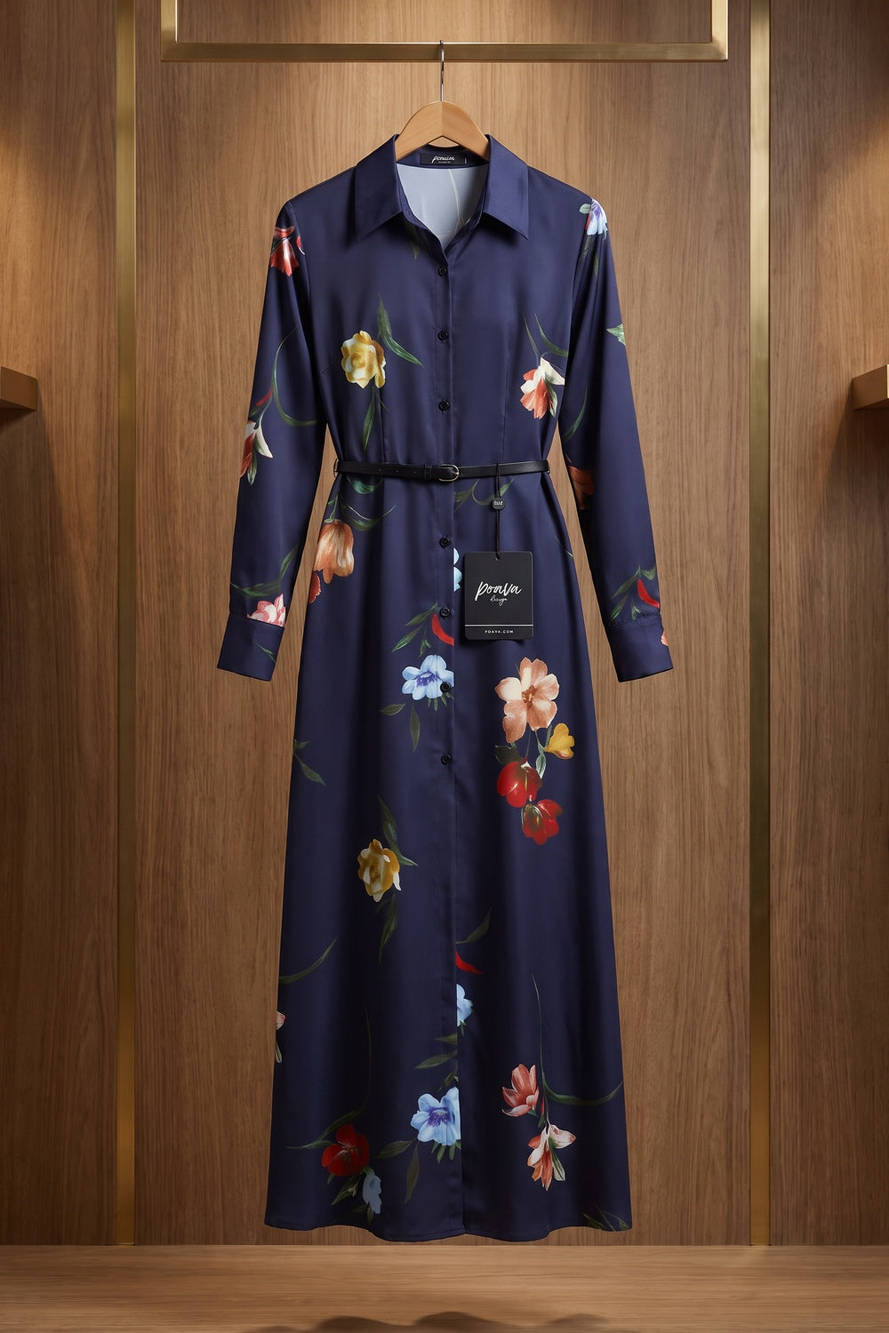 Navy Blue Floral Satin-Weave A-Line Shirt Dress navy blue satin-weave synthetic or silk blend shirt dress - product view 2