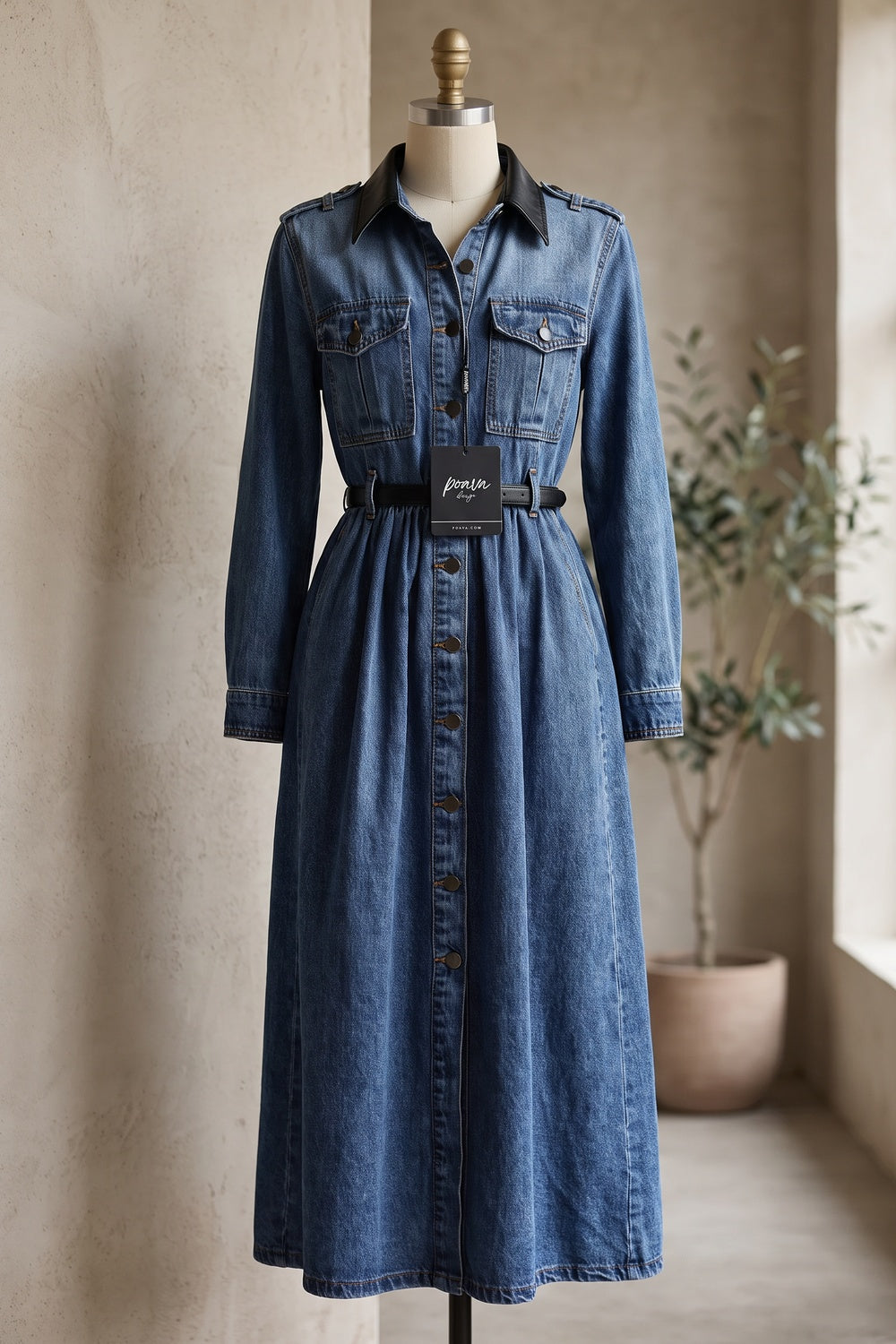 Medium Blue Denim A-Line Shirt Dress with Contrast Collar medium blue denim shirt dress - product view 2