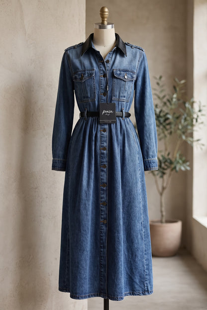 Medium Blue Denim A-Line Shirt Dress with Contrast Collar medium blue denim shirt dress - product view 2