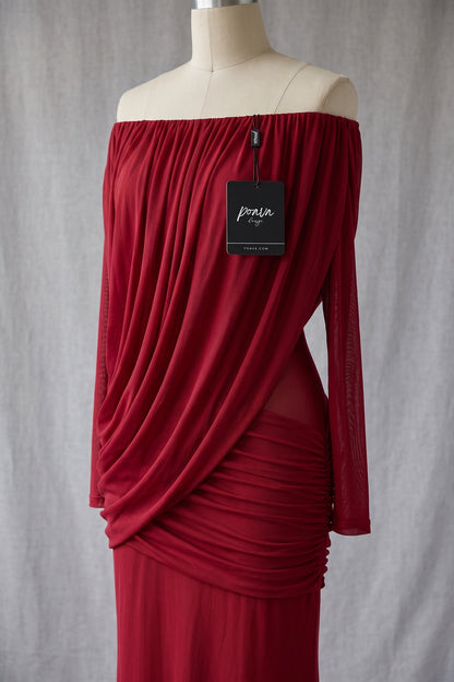 Deep Red Lightweight Stretch Mesh Column with Draped Overlay Dress deep red lightweight stretch mesh dress - product view 2
