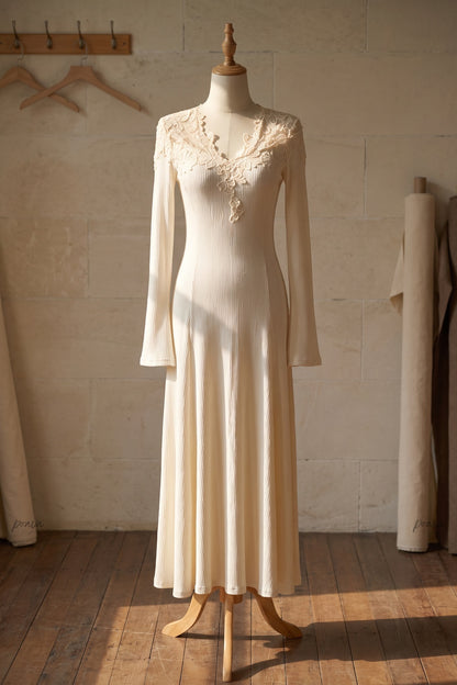 Cream Ribbed Knit Maxi Dress with Lace V-Neck cream, off-white, beige, light purple fine ribbed knit maxi dress - product view 2