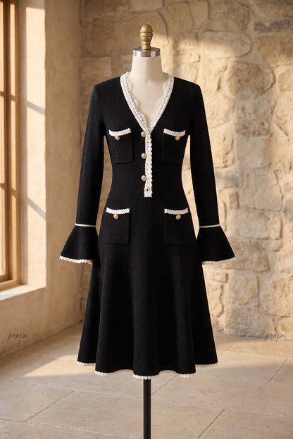 Black Heavy Compact Knit Fit-and-Flare Dress with White Scalloped Trim black heavy compact knit dress - product view 2
