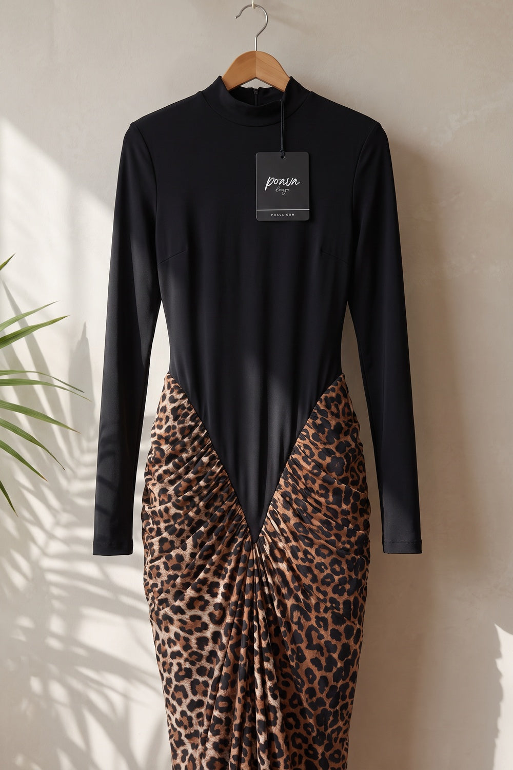 Black Matte Stretch Knit Maxi Dress with Leopard Print Draped Skirt black matte stretch knit maxi dress - product view 2
