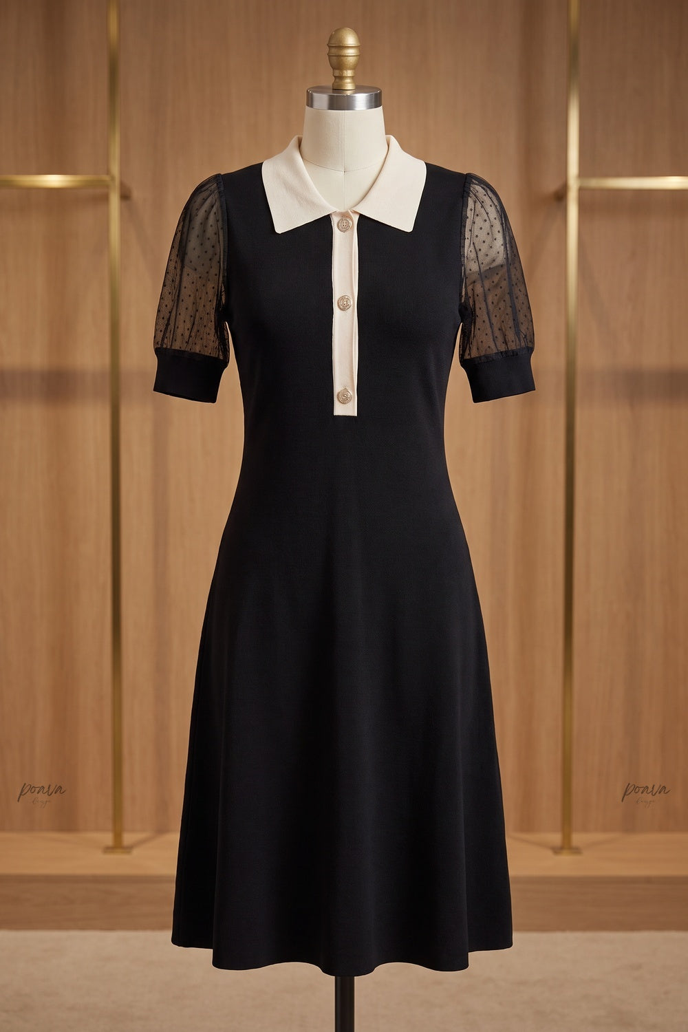 Black Fine Knit A-Line Dress with Contrast Collar black fine knit dress - product view 2
