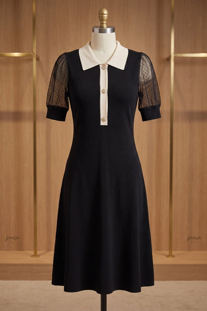 Black Fine Knit A-Line Dress with Contrast Collar black fine knit dress - product view 2