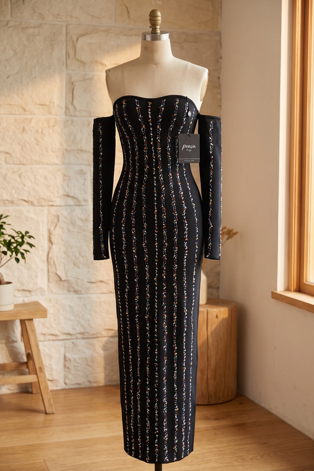 Black Strapless Maxi Dress with Detached Sleeves black heavy stretch knit strapless maxi dress with detached sleeves - product view 2