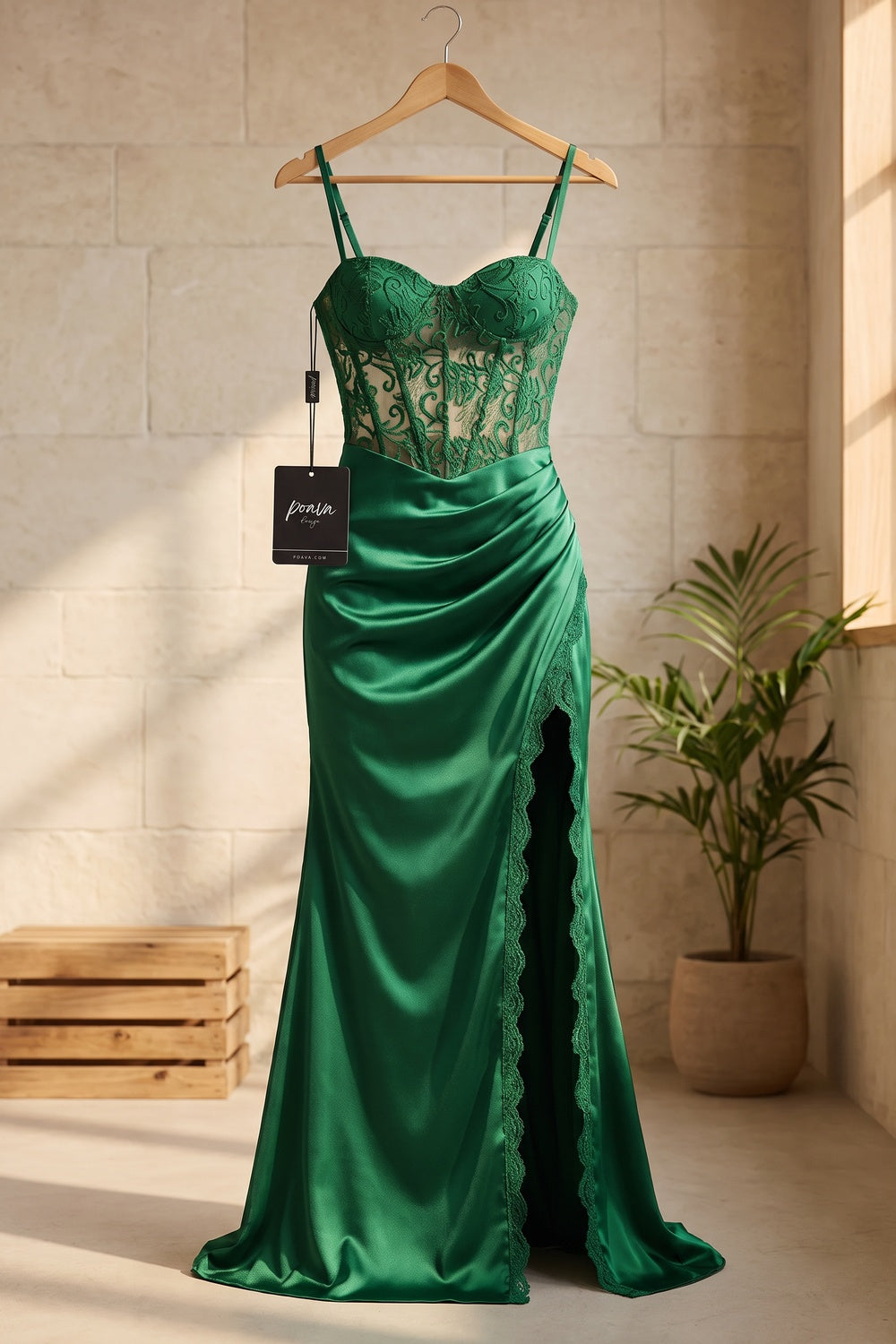 Emerald Green Satin Sheath Evening Gown with High Slit emerald green satin evening gown - product view 2
