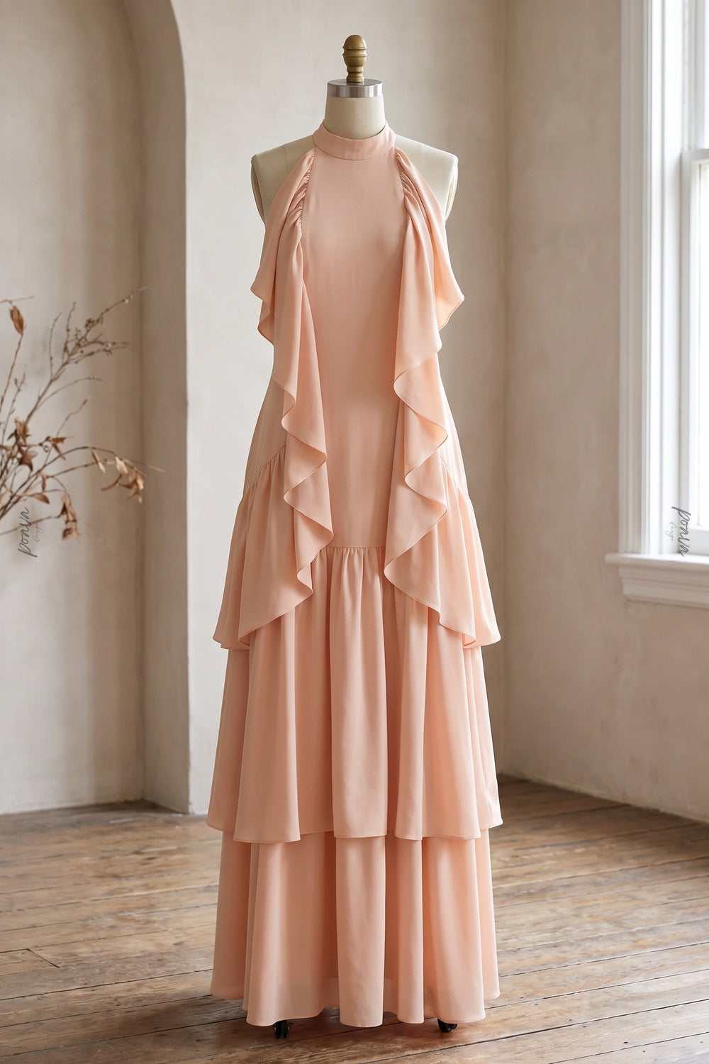 Pale Peach Lightweight Crepe A-Line Tiered Dress pale peach lightweight crepe dress - product view 2