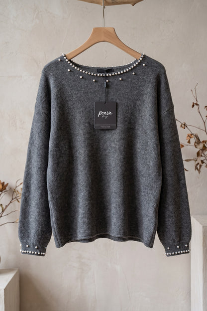 Charcoal Grey Fine-Knit Sweater with Pearl Bead Trim charcoal grey fine knit sweater - product view 2