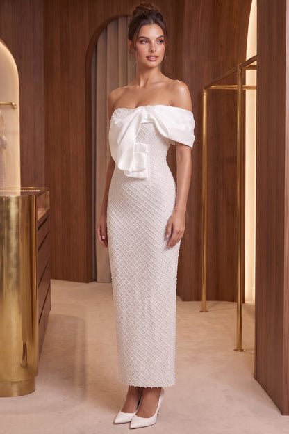 White Beaded Mesh Column Dress with Asymmetrical Satin Bow white beaded mesh dress - product view 9
