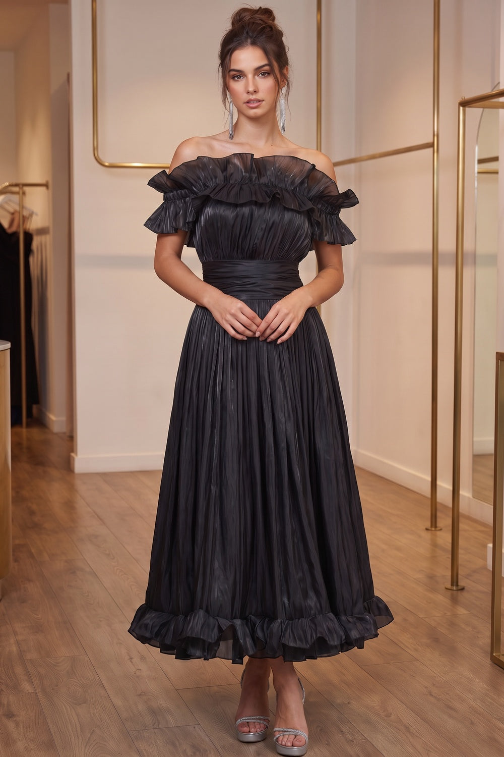 Black Pleated Organza Fit-and-Flare Midi Dress black pleated organza or taffeta dress - product view 9